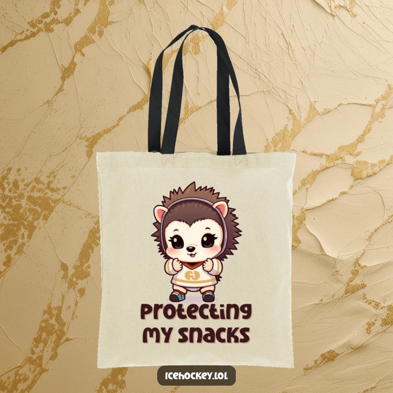 Funny tote bag with a tiny hedgehog in goalie gear, hands up in a save position, ready for any adventure.